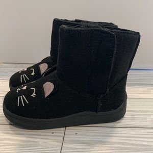 Black Faux suede toddler bootie with pink cat accent Sz 5